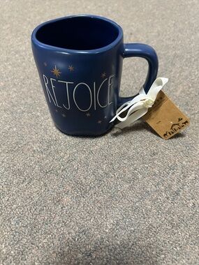 Rae Dunn REJOICE Christmas Coffee Mug Navy Blue with Gold Stars